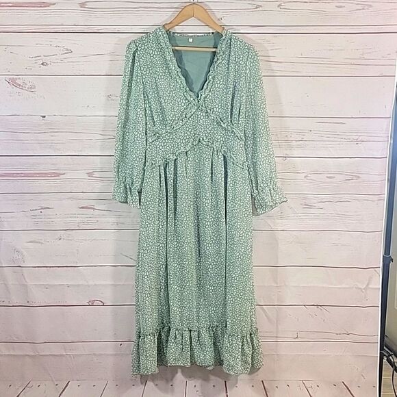 Pleated Long Dress Floral Print Ruffled Long Sleeve Dress-Size Large - Picture 3 of 7